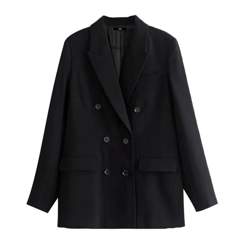 TRAF Women Fashion Double Breasted Black Blazer Coat Vintage Long Sleeve Pockets Female Outerwear Chic Veste Femme