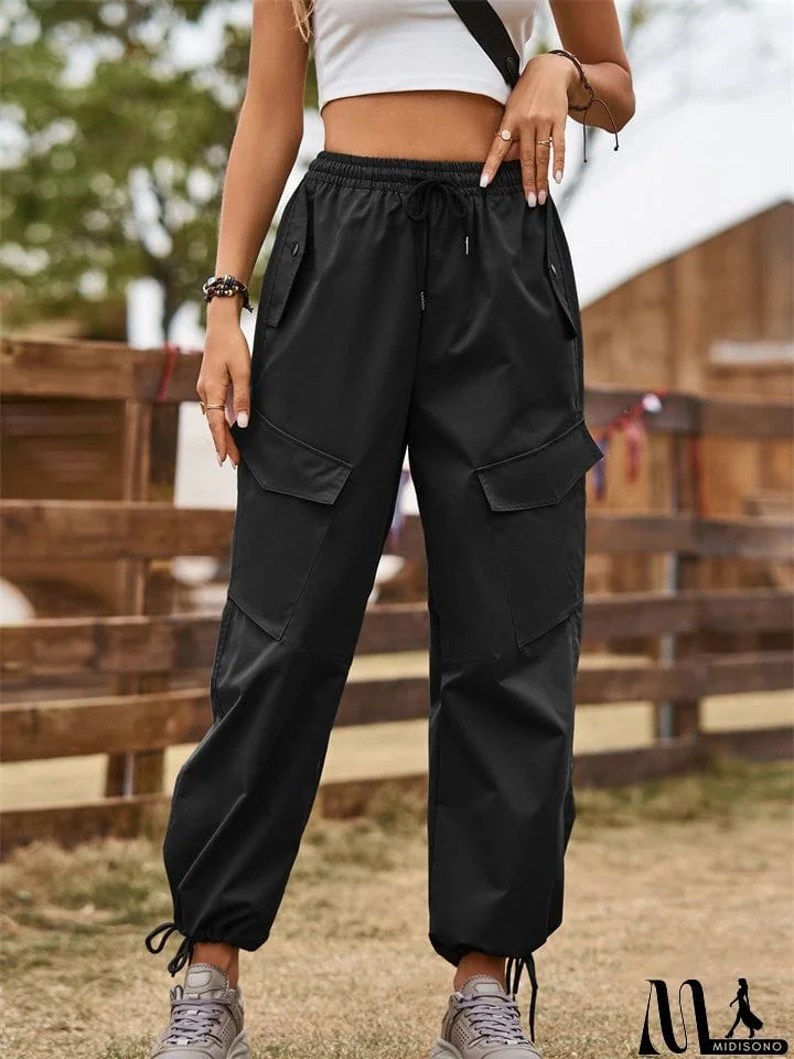 MidiSono - Female Casual Elastic Waist Ankle-tied Cargo Trousers