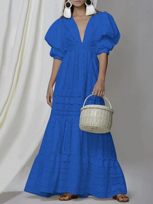 Deep V Puff Sleeve Lace Hollow Dress