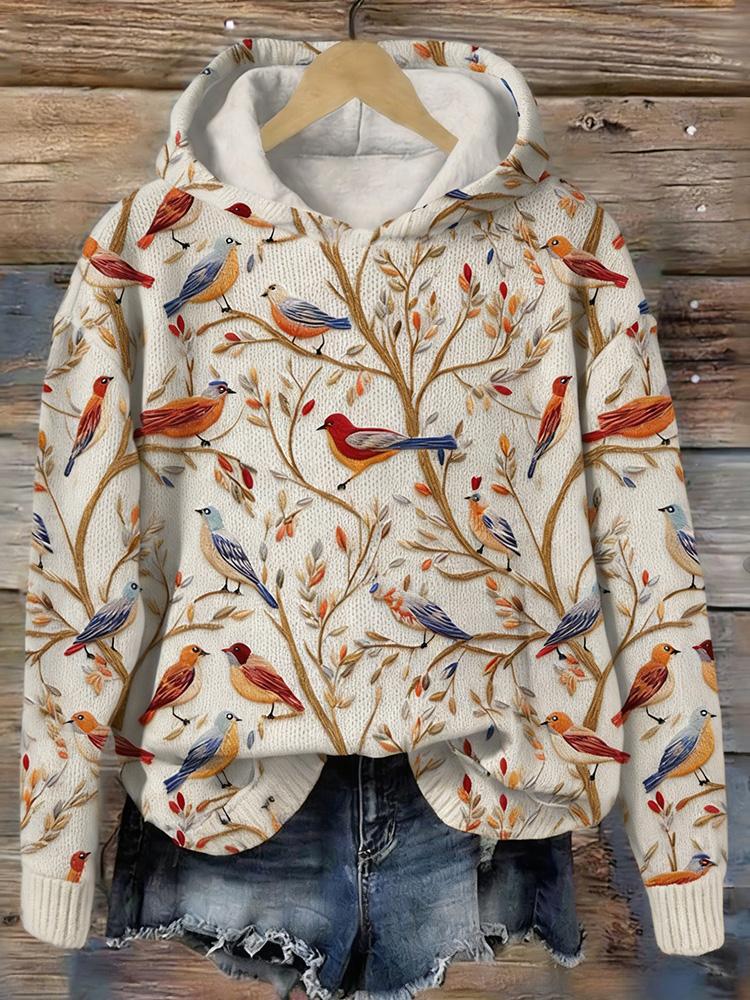 Cute Birds Art Pattern Cozy Knit Hooded Sweater wearshes