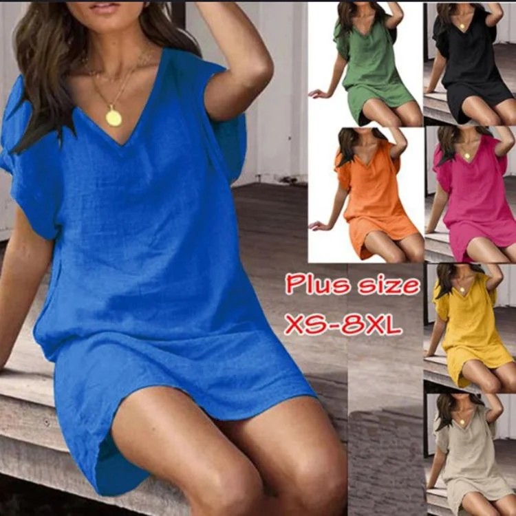 Women's V-Neck Solid Color Cotton Linen Midi Dress