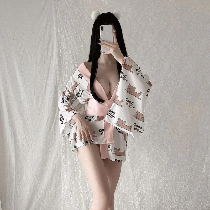 Billionm Japanese Kimono Dress for Women Cardigan Sexy Lingerie Lovely Loose Printed Deep V Temptation Uniform Cosplay Costume