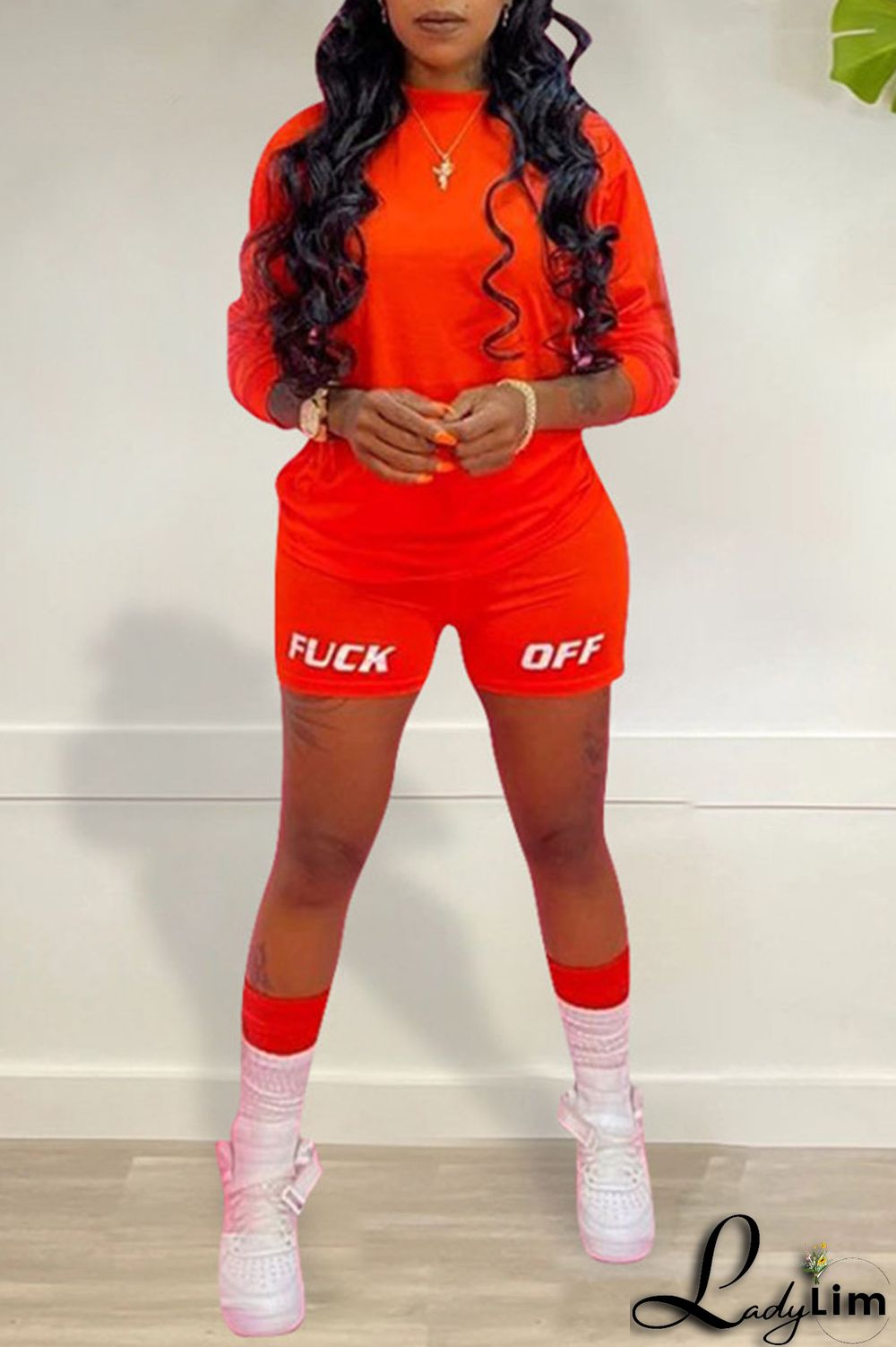 Tangerine Red Casual Print Split Joint O Neck Long Sleeve Two Pieces