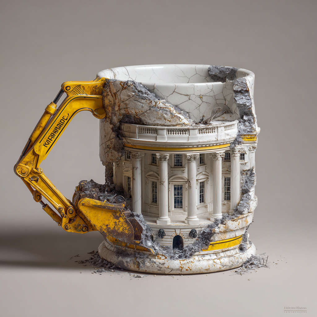 Demolition-style printed ceramic mug design