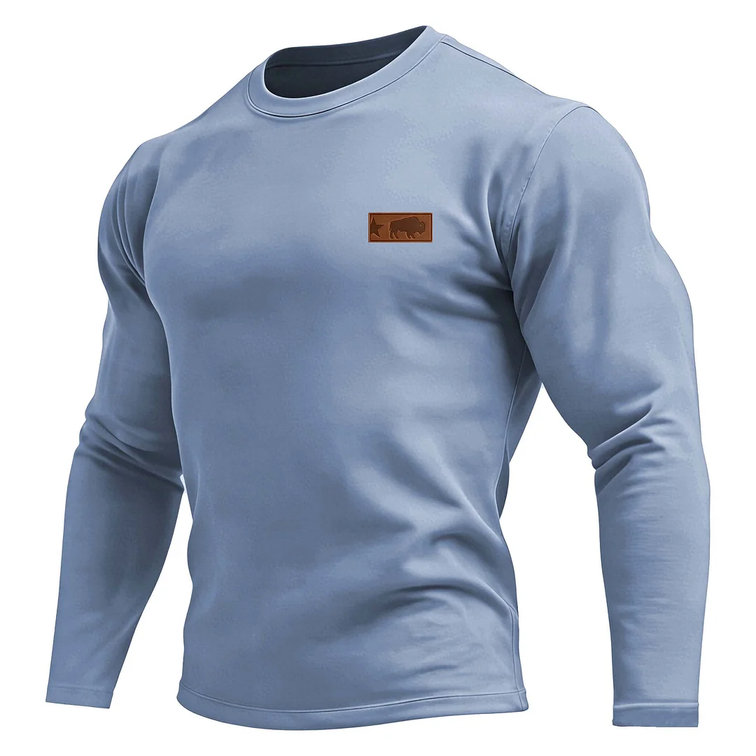 Men's Vintage Western Cowboy Solid Color Crew Neck Long Sleeve T-Shirt