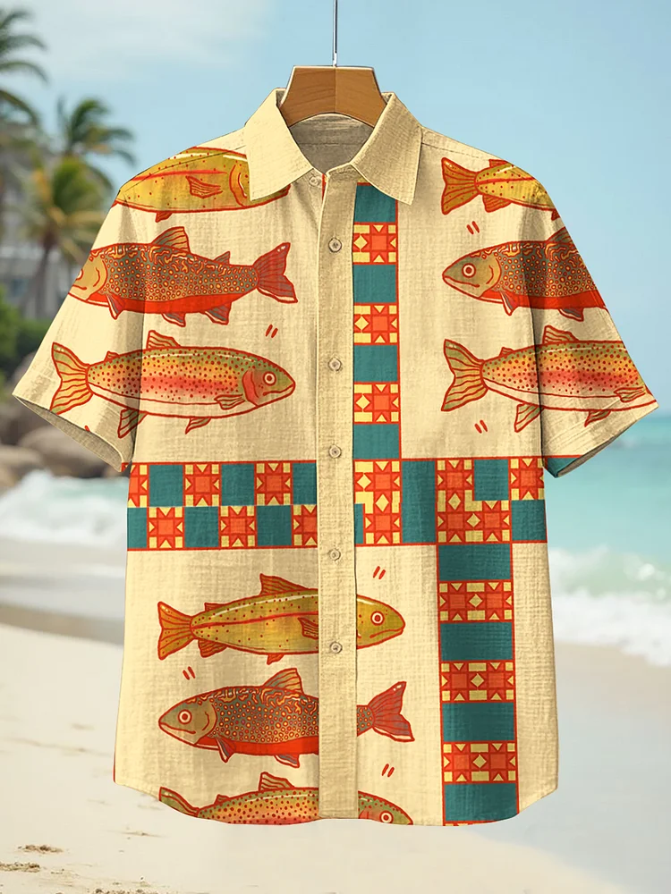 Men's Retro Fish Geometric Patterns Short Sleeve Shirt