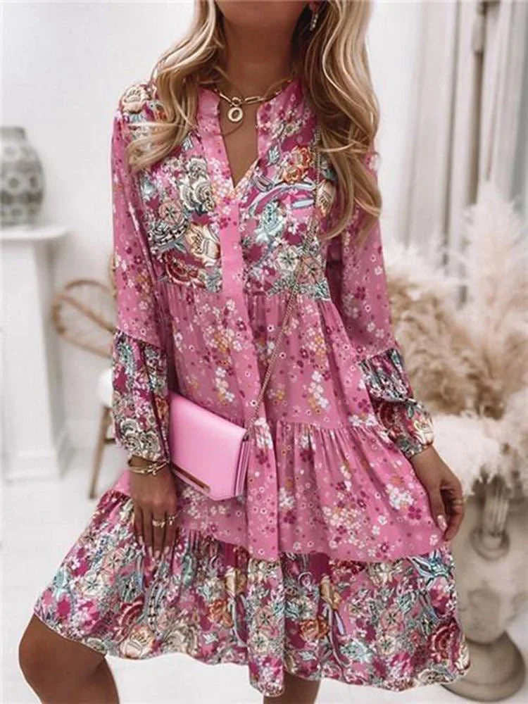 V Neck Long Sleeve Floral Printed Stitching Dress