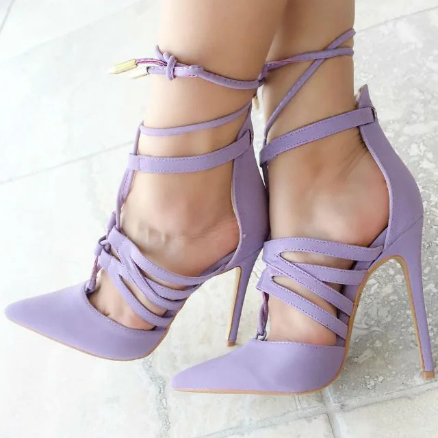 Lilac Lace up Heels Pointy Toe Stiletto Heel Pumps US  Size 3-15 |FSJ Shoes