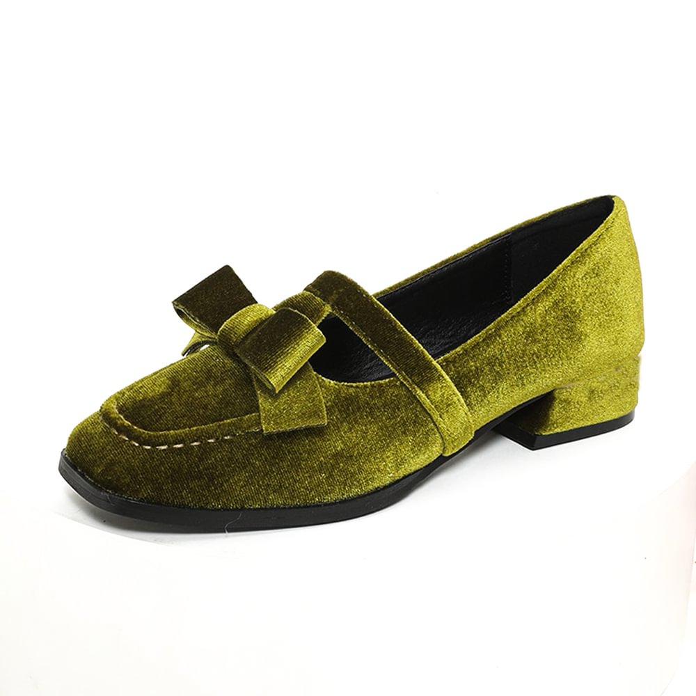 Green Suede Square Toe Loafers Bow Decors Low Chunky Loafers Nicepairs