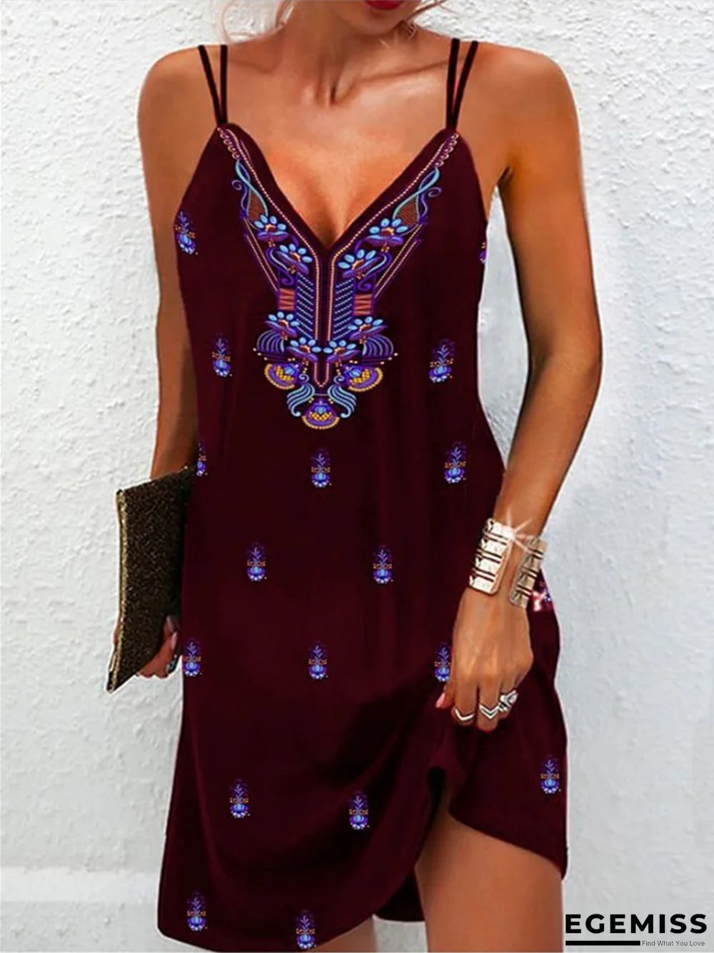 Bohemian V-neck Print Casual Black Dresses | EGEMISS