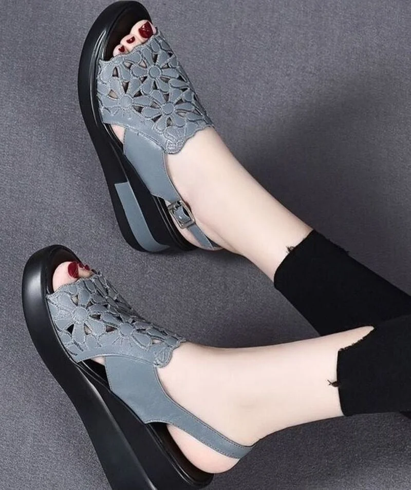 Summer Wedge Shoes for Women Sandals Open Toe Platform Hollow Flowers Retro Lady High Heel Buckle Strap Casual Female Sandalias