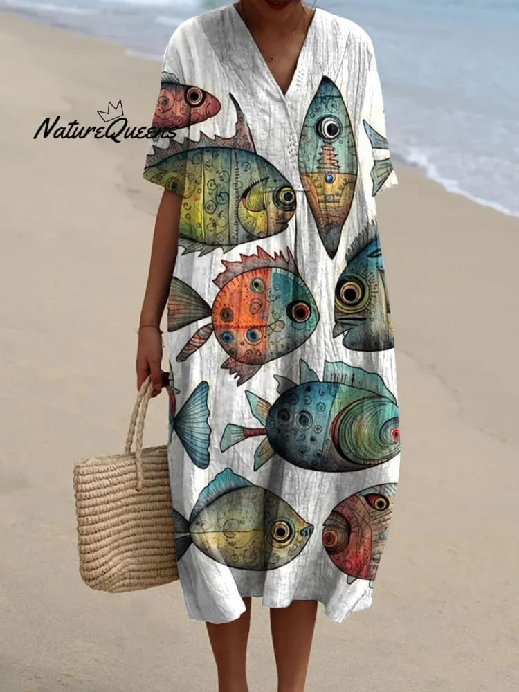Women's Vintage Lovely Fish Art Print Flowy Dress