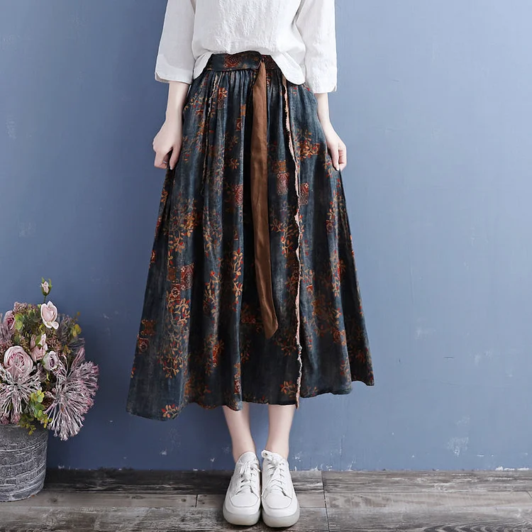 Cozy Vintage Cotton Linen Floral Skirt