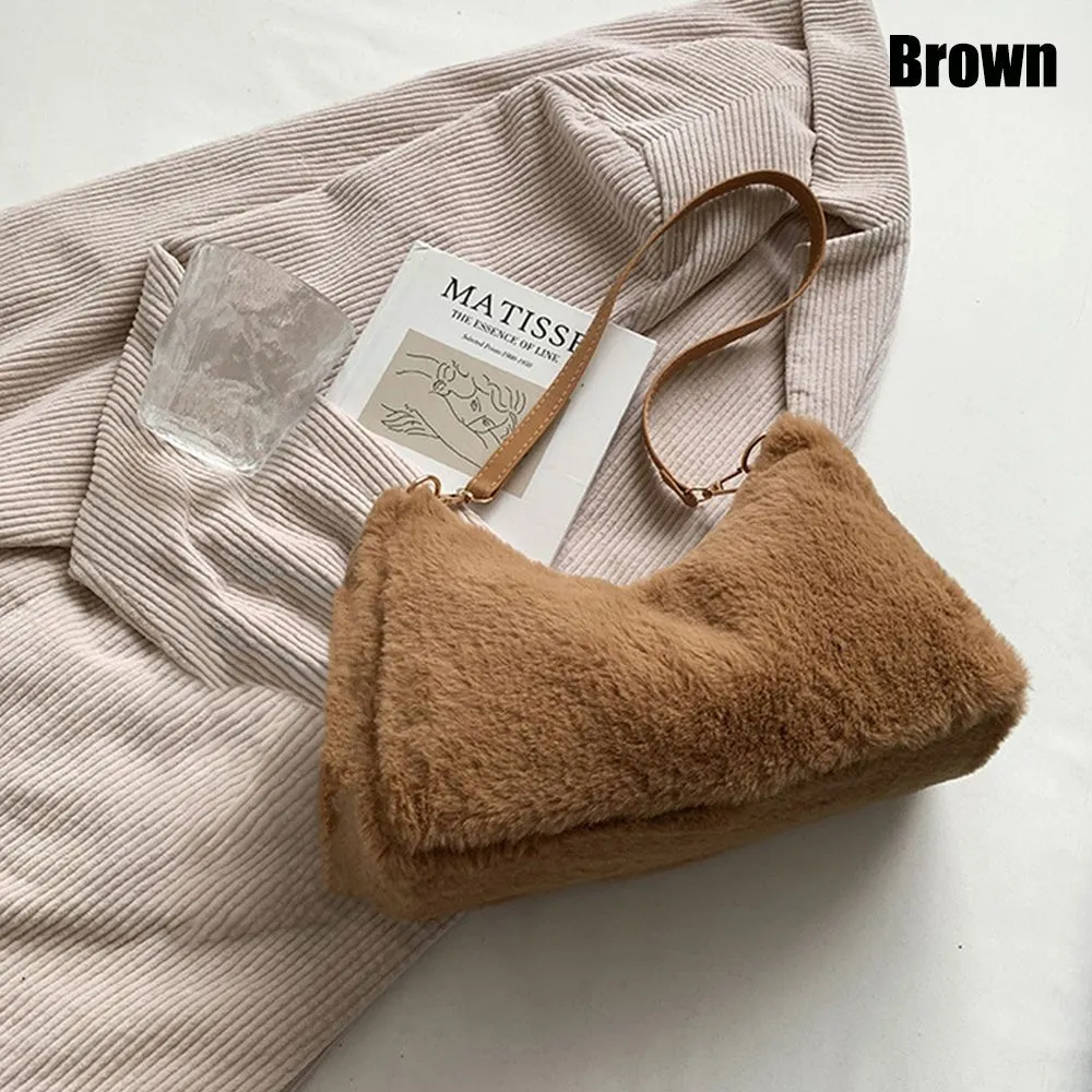 Retro Solid Underarm Bags For Women 2022 Soft Plush Shoulder Bags Female Large Capacity Travel Bag Winter Warm Fluffy Totes Gift