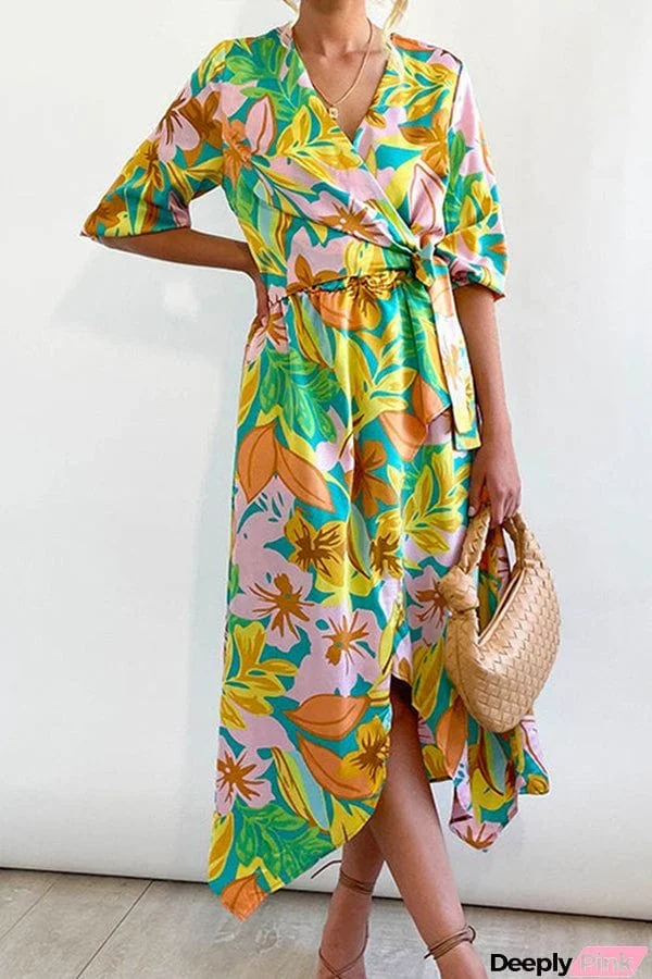 Wrap V Neck Lantern Sleeve Tie Waist Printed Dress