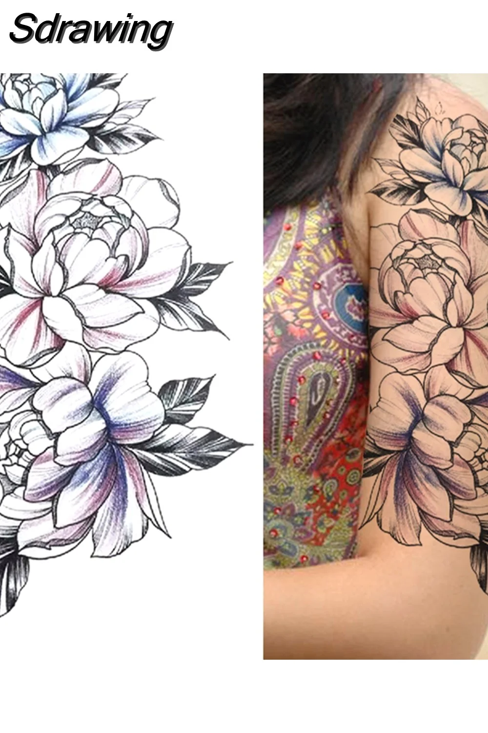 Sdrawing Fake Peony Temporary Tattoos For Women Girl Black Rose Elephant Flower Tattoo Sticker Tiger Anemone Tatoos Half Sleeve 521-1
