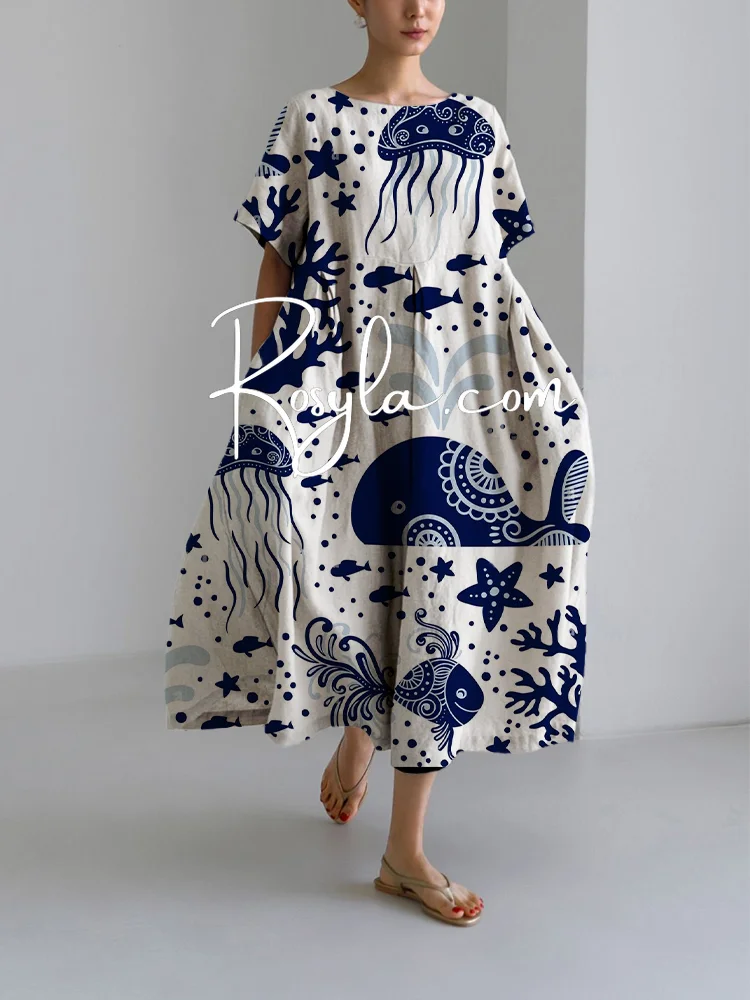 Women's Whale & Jellyfish Print Loose Round Neck Medium Length Skirt Dress