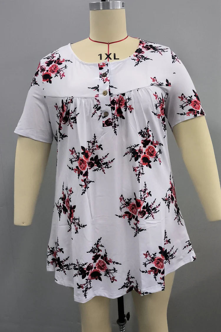 Plus Size Casual Print V Neck Short Sleeve Pleated Flared T Shirt FlyCurvy Flycurvy [product_label]