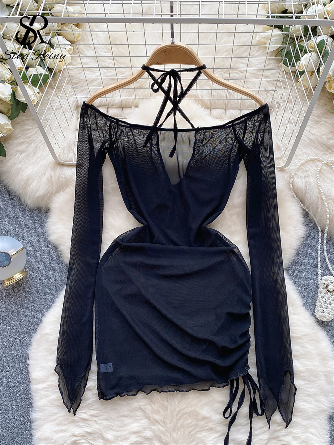 Uaang 2023 Sheer Mesh Mini Dress Women Halter Lace Up Drawstring Long Sleeved Backless Streetwear Hollow Out Sexy Bodydress