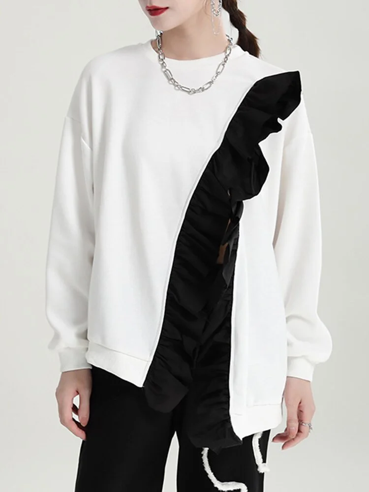 Design Loose Round Neck Irregular Slit Patchwork Contrast Color Ruffles Long Sleeve Sweatshirt   