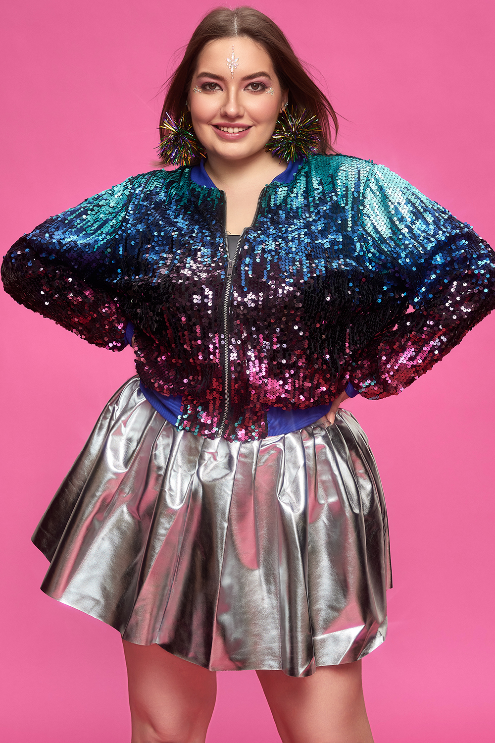Design Plus Size Party Multicolor Mock Neck Long Sleeve Zipper Sequin Jacket [Pre-Order]