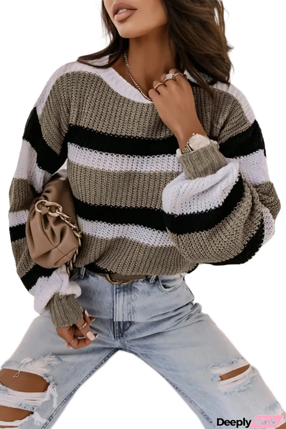 Gray Striped Colorblock Pattern Knit Sweater