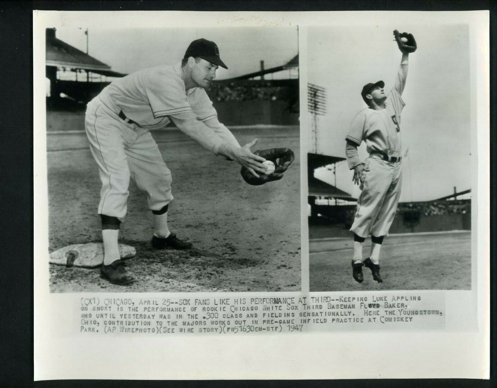 Floyd Baker poses at third base 1947 Press Photo Poster painting Chicago White Sox