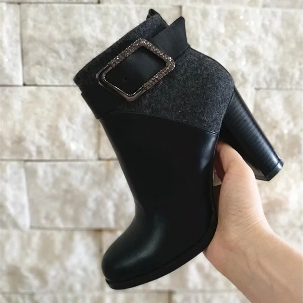 Black Chunky Heel Ankle Booties with Joint Buckle Vdcoo