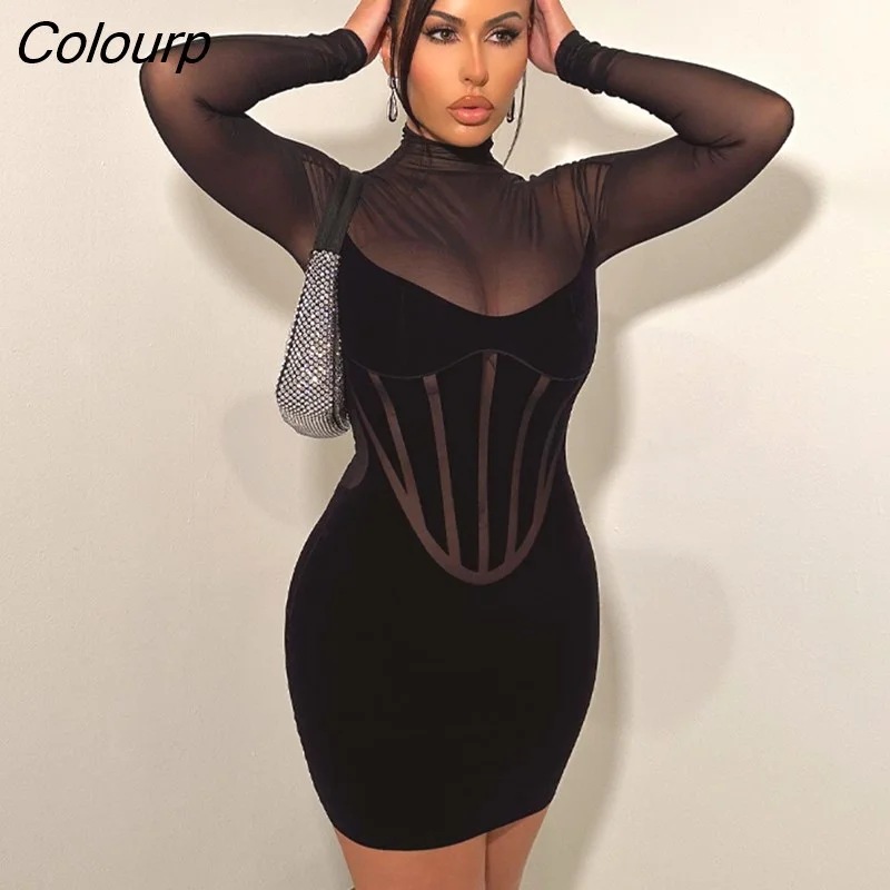 Colourp Autumn Mesh Patchwork Sexy Y2K Clothes Long Sleeve O-Neck Bodycon Mini Dresses For Women Club Party Elegant Outfits