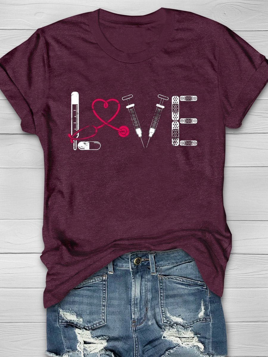 Love Nurse Print Short Sleeve T-shirt