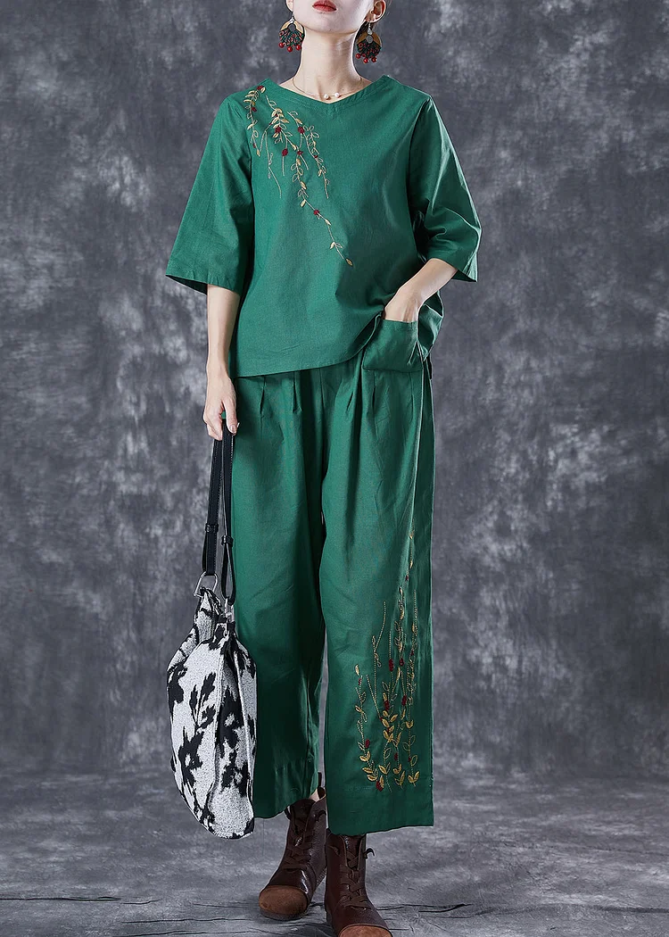 Green Loose Linen Two Pieces Set Embroideried Summer