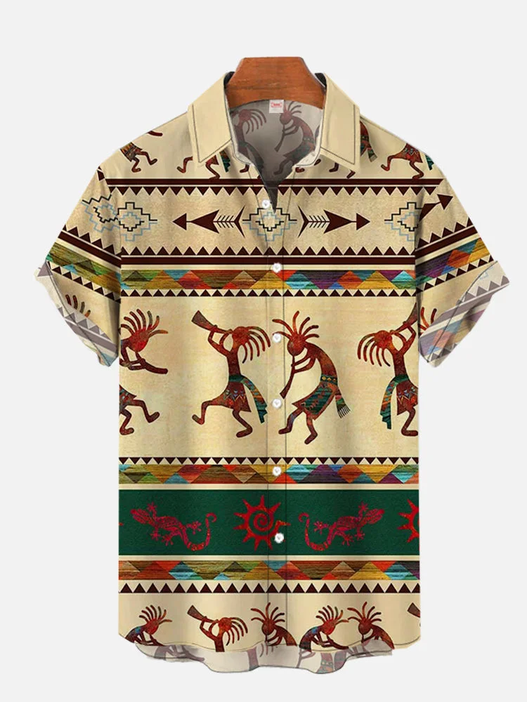 National Style Abstract Geometric Retro Native American Ethnic Tribal Printing Short Sleeve Shirt