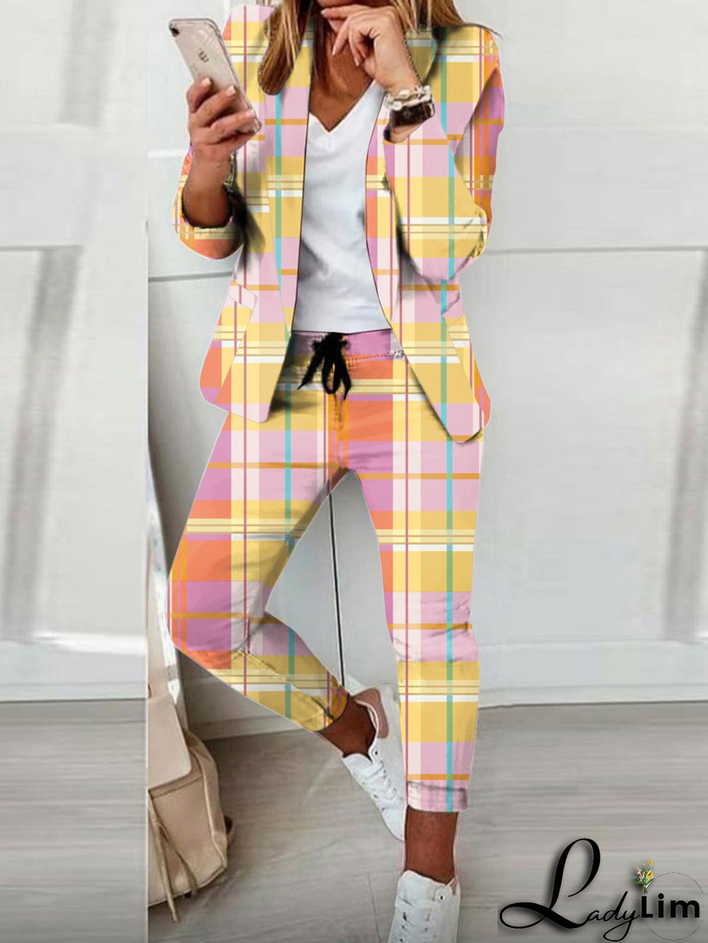 Casual Colorblock Allover Pattern Blazer & Pants 2 Pcs Set