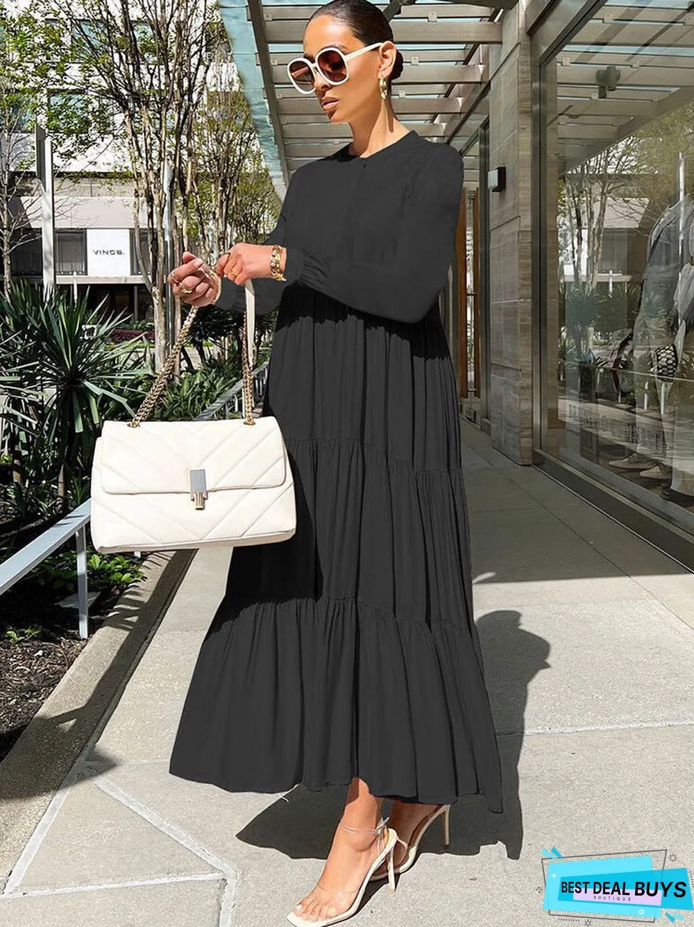 Long Sleeve Solid Ruffle Swing Maxi Dresses