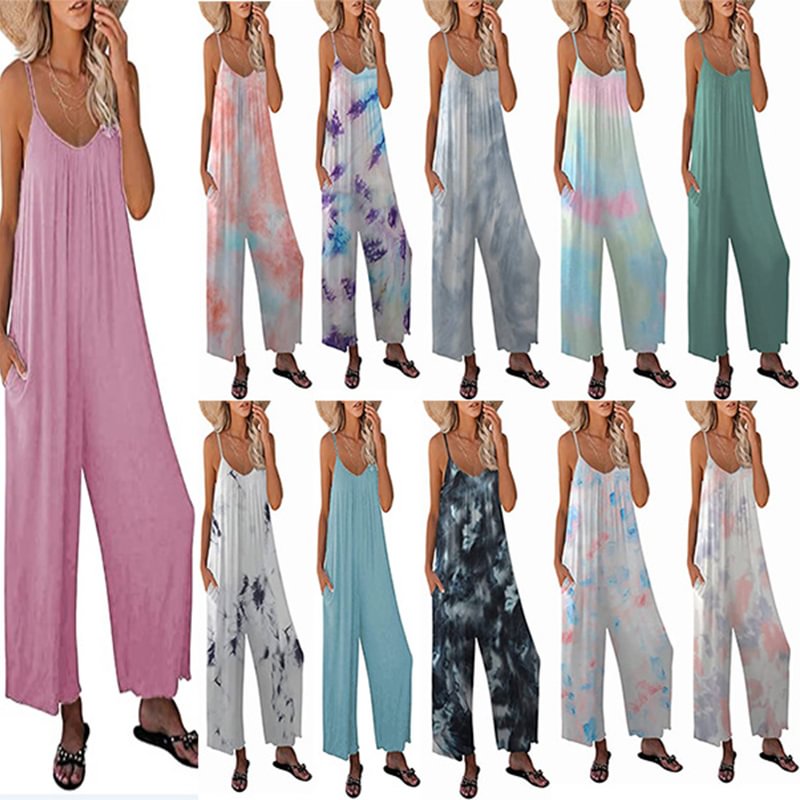 2022 summer new camisole jumpsuit printed tie-dye pants high waist wide leg pants