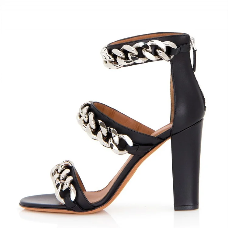 Black Chains Chunky Heel Ankle Strap Sandals |FSJ Shoes