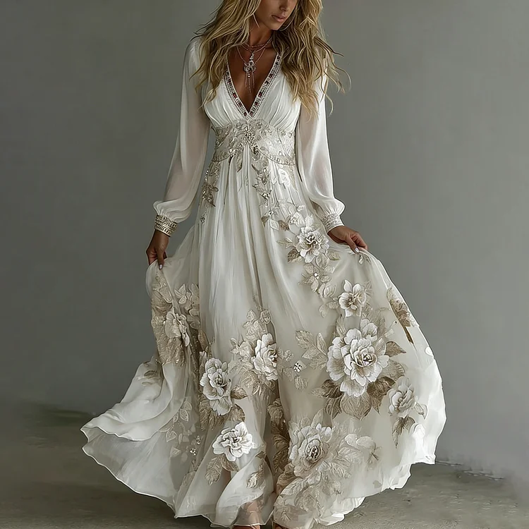 Women's Vintage Vintage Boho Floral Art V-neck Long Sleeves Maxi Dress