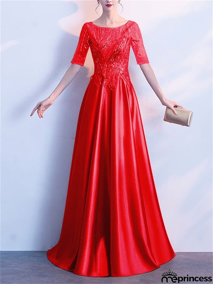 Shiny Round Neck Short Sleeve A-Lined Gown Dress for Evening