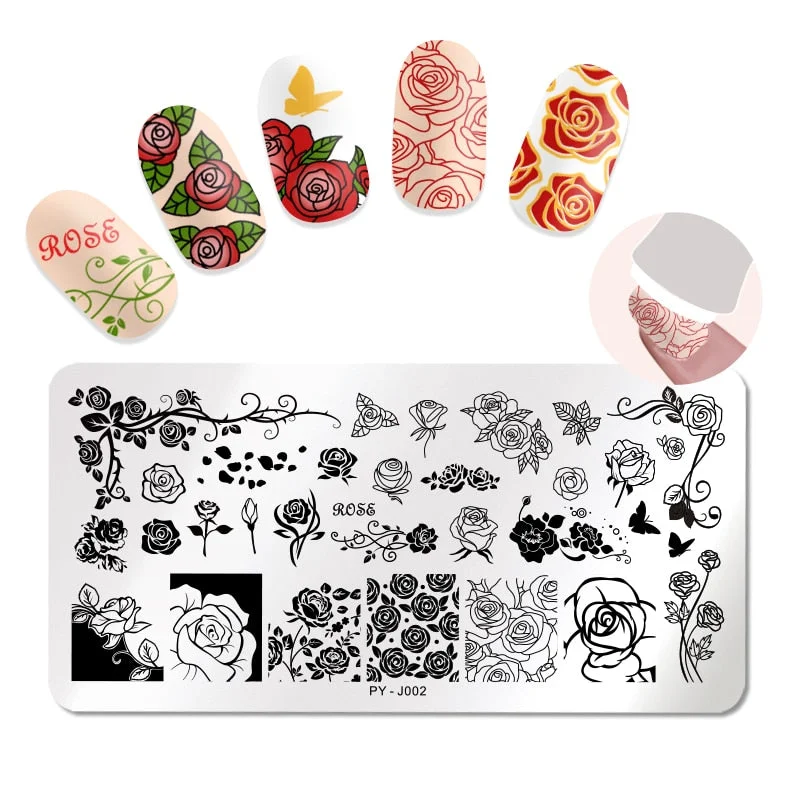 PICT YOU Rectangle Stamping Plates Rose Flower Series Image Design Stamp Stainless Steel Nail Art Design Template Tools J002-Nail Inspo