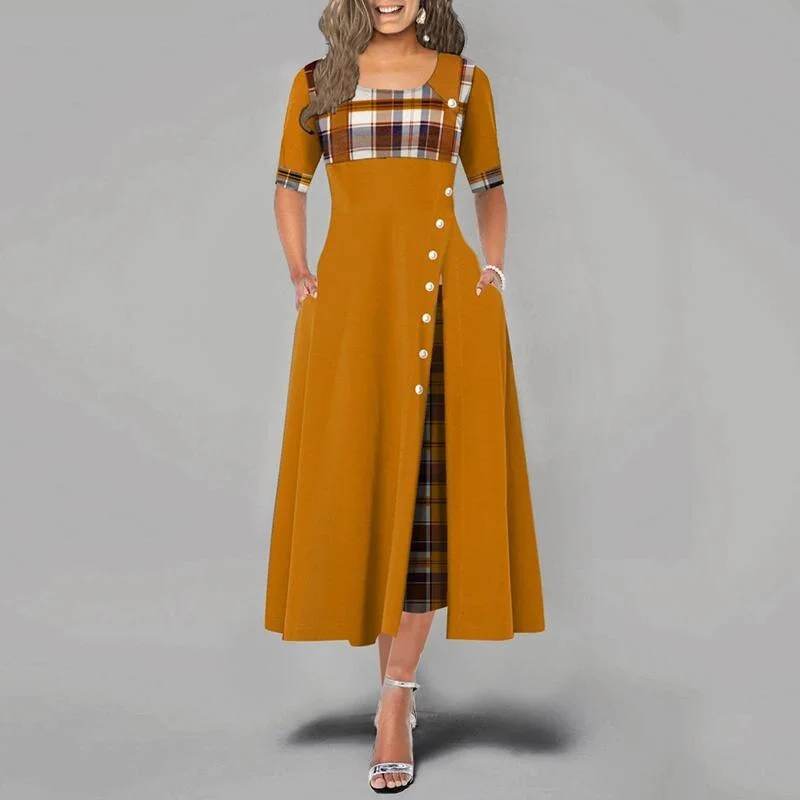 Elegant Long Maxi Dress Women Vintage Plaid Office Lady Dress Summer Half Sleeve O-Neck Button Party Dress Female Robe Plus Size