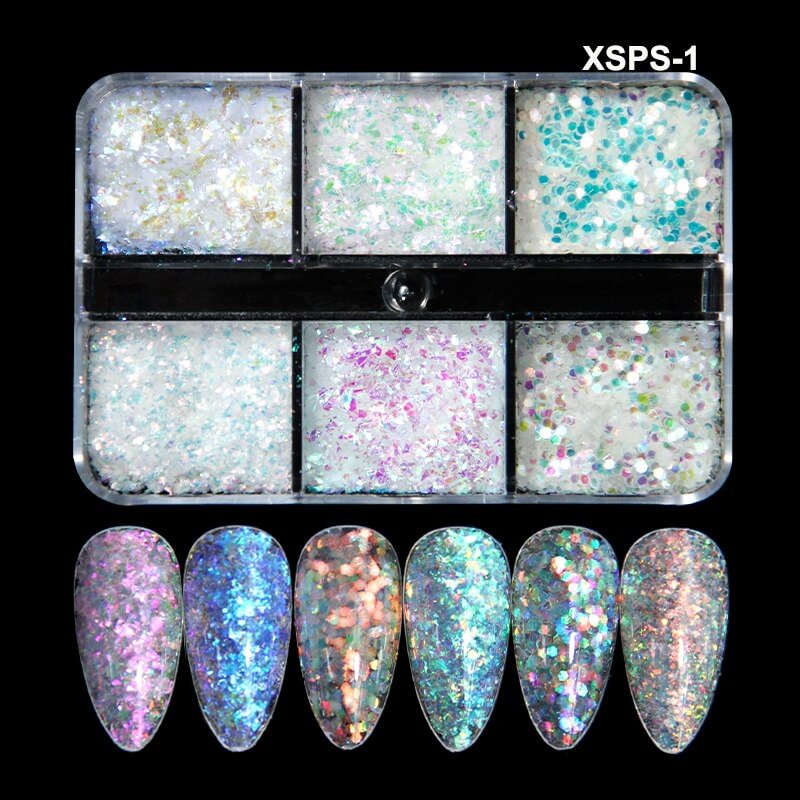 Agreedl 6 Grids Holographic AB Color Irregular Fragments Chunky Nail Mixed Size Flakes 3D Paillette Manicure DIY Nail Art Decorations