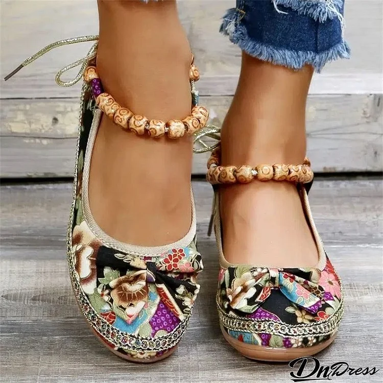 Ladies Ethnic Style Embroidered Ankle Strap Loafers