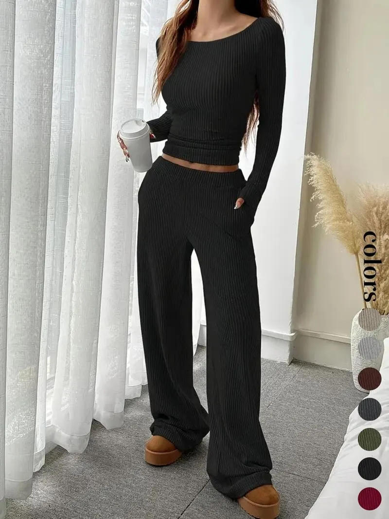 Women's Casual Striped Long Sleeve Top & Loose Pocket Pants Set, European Style Womenswear, Comfortable for Daily Wear Women's Casual Striped Long Sleeve Top & Loose Pocket Pants Set, European Style Womenswear, Comfortable for Daily Wear