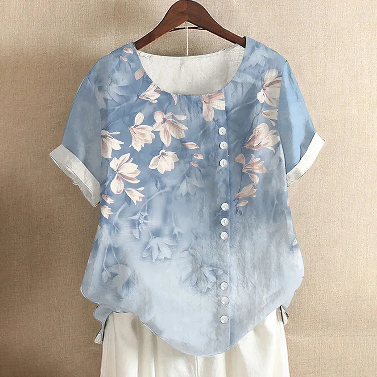 VChics Floral Printed Round Neck Button Casual T-Shirt
