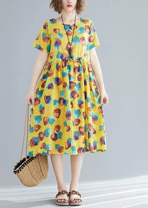 Simple o neck patchwork cotton Wardrobes Fitted Photography yellow print cotton Dresses Summer