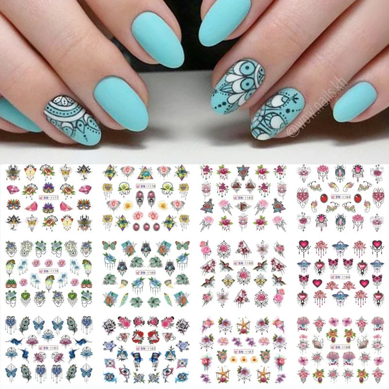 12 Designs Nail Stickers Set Mixed Floral Geometric Nail Art Water Transfer Decals Sliders Flower Leaves Manicures Decoration-Nail Inspo