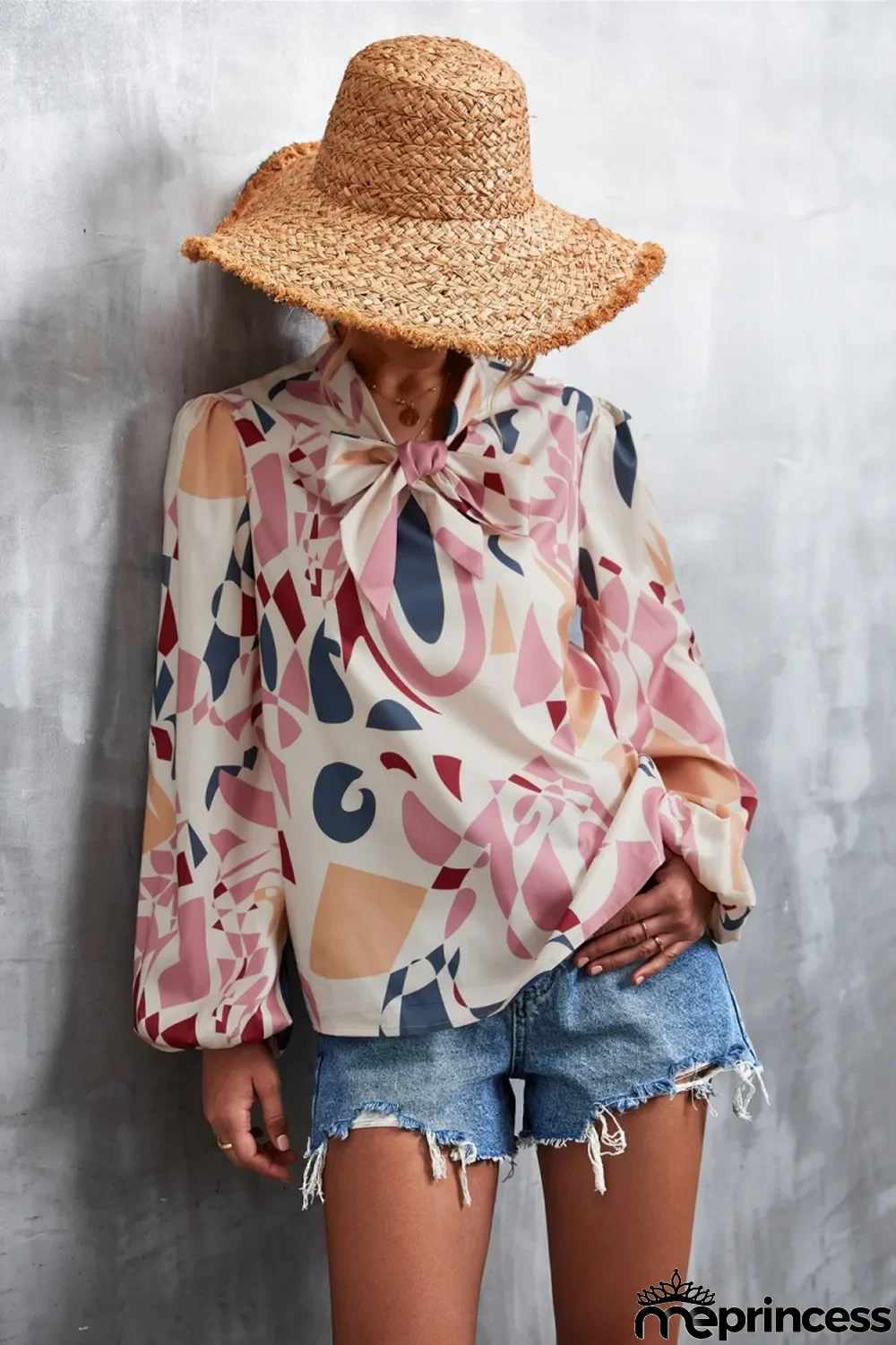 Women Spring Pink Modest V-neck Lantern Sleeve Geometric Print Chiffon Bow Regular Blouse