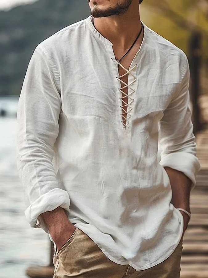 Men's Casual Cotton Linen  Long Sleeve Loose Shirts Shirt 