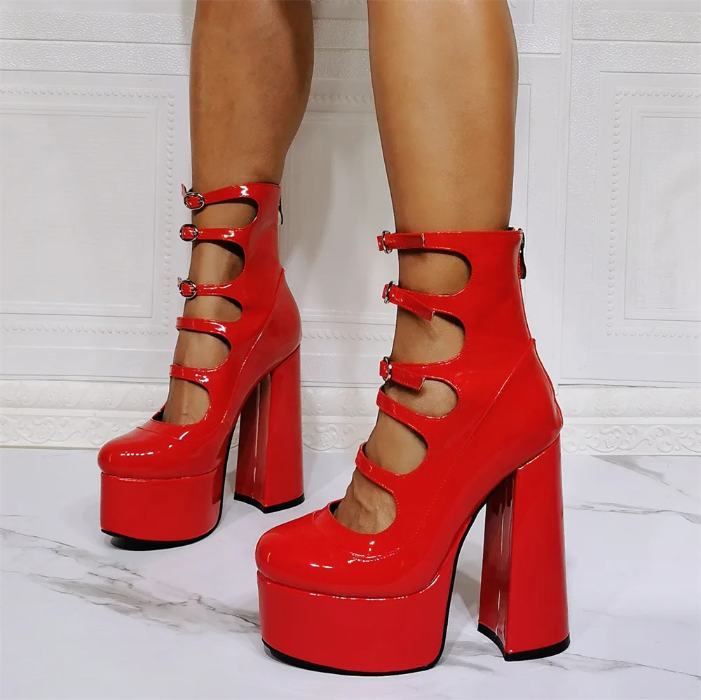 Women Platform Pumps Red Leather Buckle Mary Jane Ankle Strap Plus Size Heels Novameme
