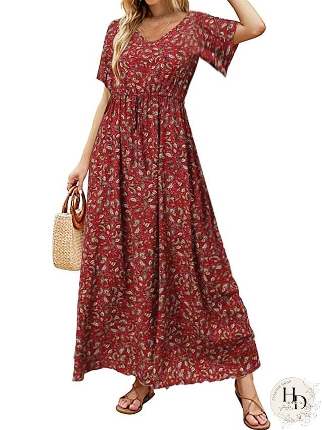 Casual Dress Swing Dress Floral Dress Long Dress Maxi Dress Black Blue Royal Blue Short Sleeve Floral Print Spring Summer V Neck Loose Fit S M L XL XXL 3XL for Women